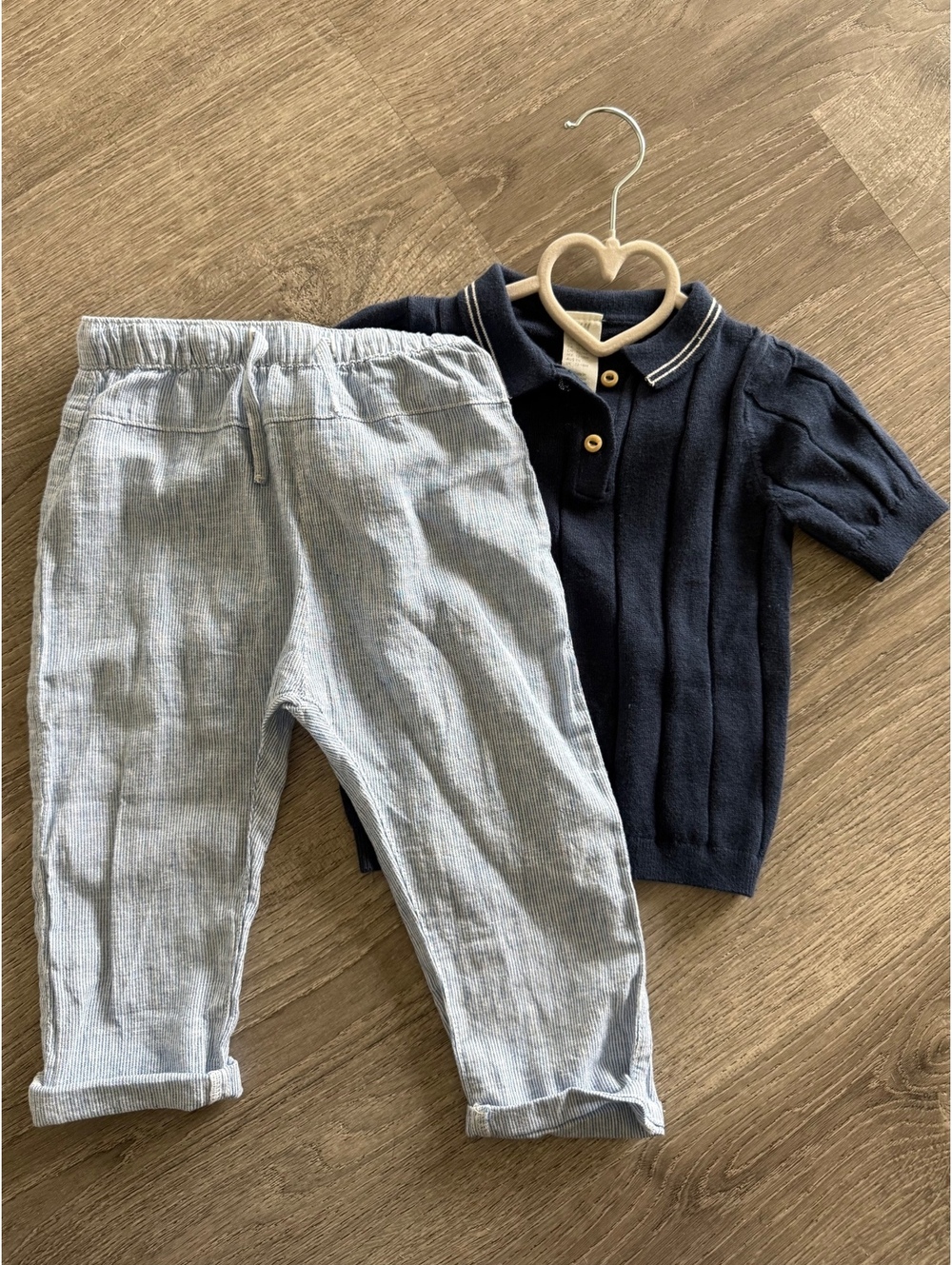 H&M Baby navy polo shirt and light blue pants outfit set, 18 months